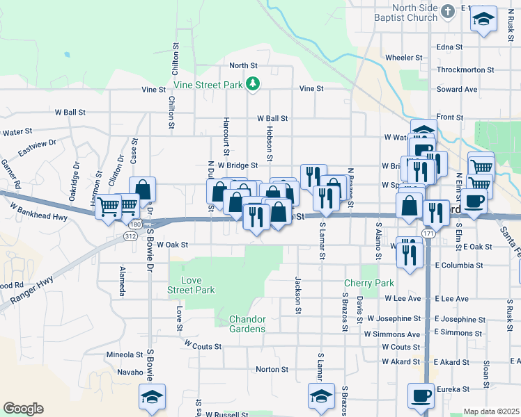 map of restaurants, bars, coffee shops, grocery stores, and more near 701 West Spring Street in Weatherford