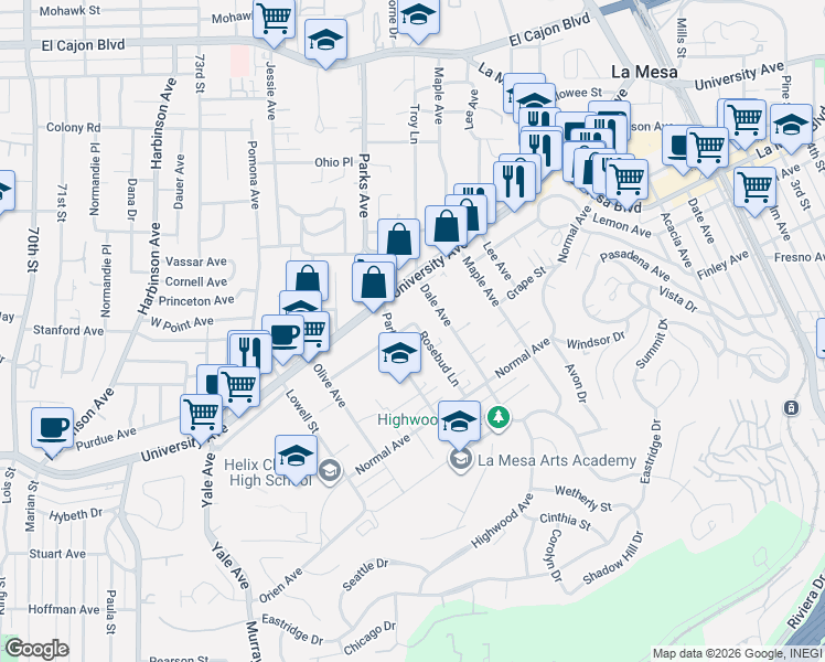 map of restaurants, bars, coffee shops, grocery stores, and more near 4460 Dale Avenue in La Mesa