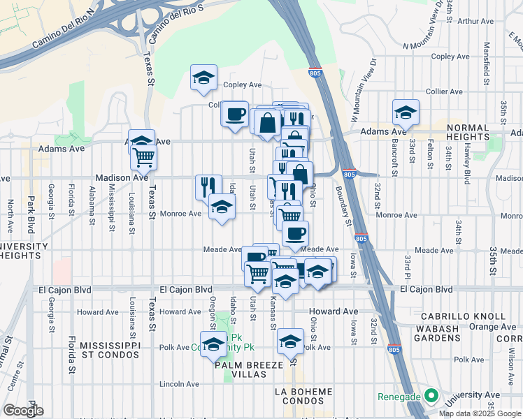 map of restaurants, bars, coffee shops, grocery stores, and more near 2864 Monroe Avenue in San Diego