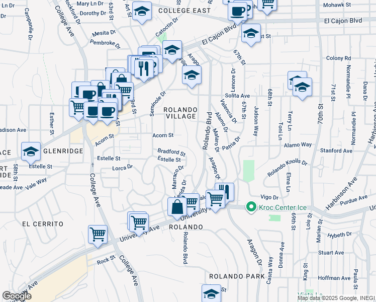map of restaurants, bars, coffee shops, grocery stores, and more near 4520 Revillo Way in San Diego