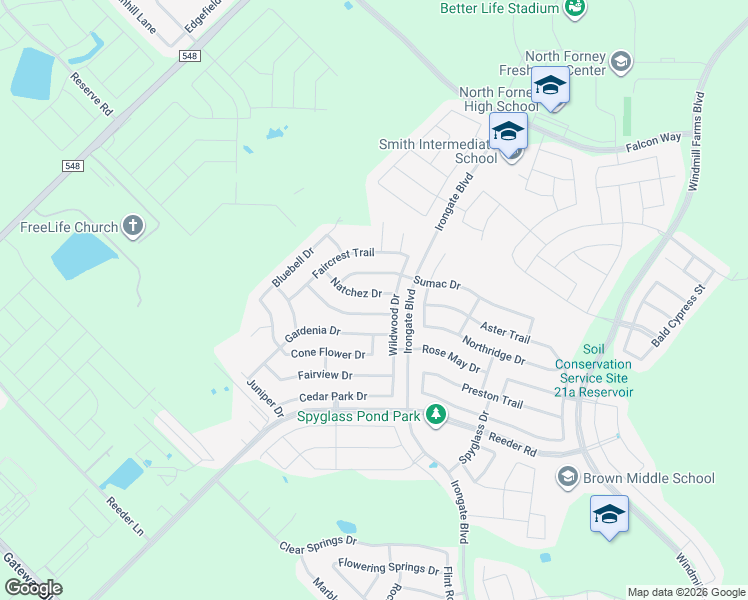 map of restaurants, bars, coffee shops, grocery stores, and more near 2008 Natchez Drive in Forney