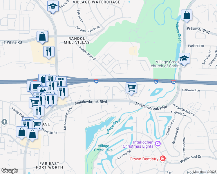 map of restaurants, bars, coffee shops, grocery stores, and more near 1401 Randol Crossing Lane in Fort Worth