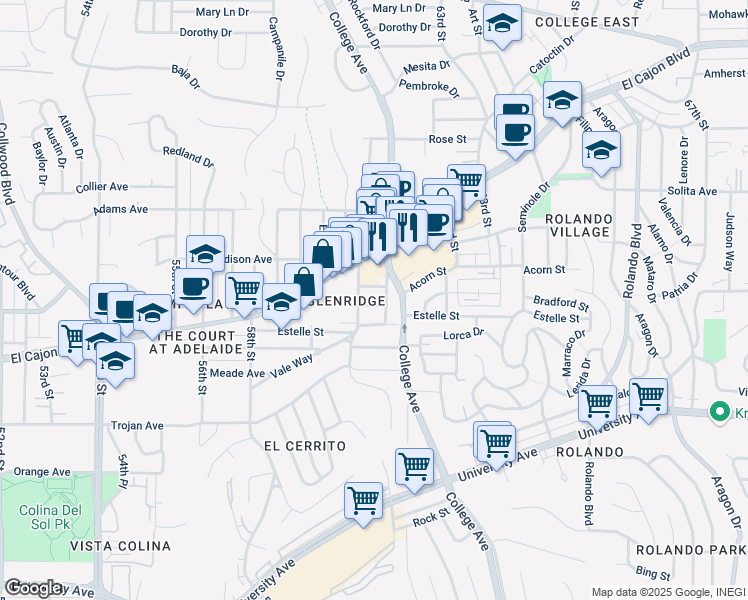 map of restaurants, bars, coffee shops, grocery stores, and more near 6038 Bradford Street in San Diego