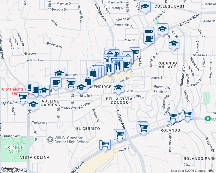 map of restaurants, bars, coffee shops, grocery stores, and more near 6038 Bradford Street in San Diego