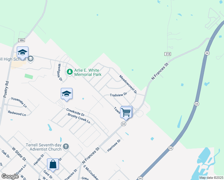 map of restaurants, bars, coffee shops, grocery stores, and more near 125 Sandlewood Drive in Terrell