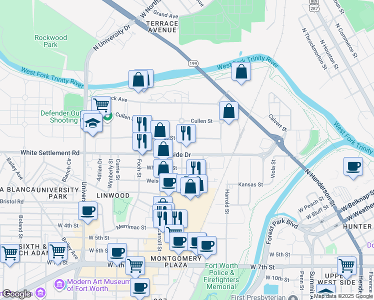map of restaurants, bars, coffee shops, grocery stores, and more near 101 North Vacek Street in Fort Worth