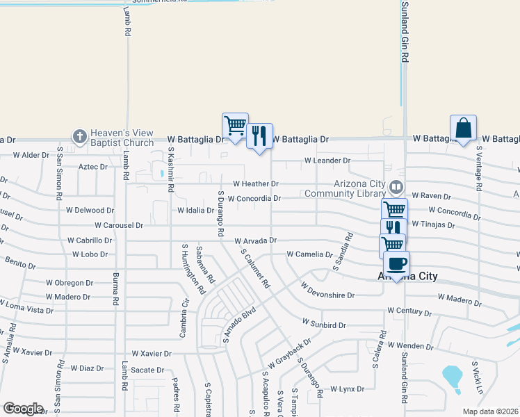 map of restaurants, bars, coffee shops, grocery stores, and more near 10424 West Concordia Drive in Arizona City