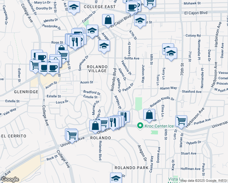 map of restaurants, bars, coffee shops, grocery stores, and more near 4525 Aragon Drive in San Diego