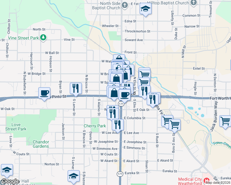 map of restaurants, bars, coffee shops, grocery stores, and more near 127 York Avenue in Weatherford