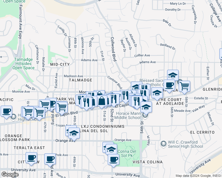 map of restaurants, bars, coffee shops, grocery stores, and more near 4518 52nd Street in San Diego