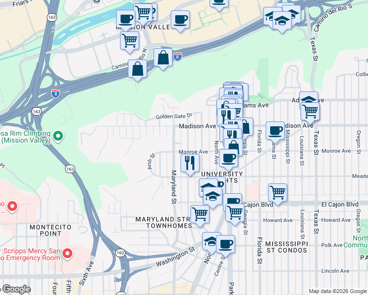 map of restaurants, bars, coffee shops, grocery stores, and more near 4514 Cleveland Avenue in San Diego