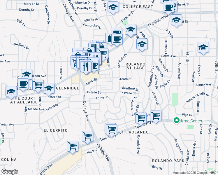map of restaurants, bars, coffee shops, grocery stores, and more near 6266 Madeline Street in San Diego