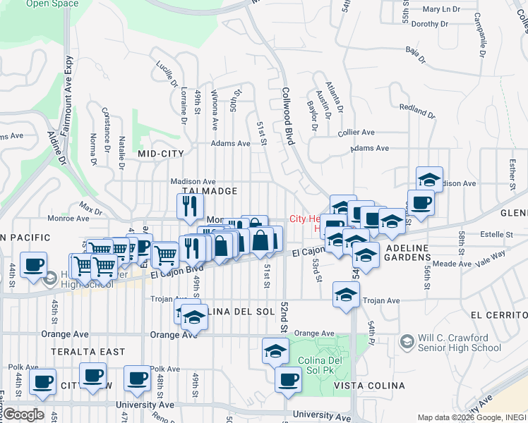 map of restaurants, bars, coffee shops, grocery stores, and more near 4555 Altadena Avenue in San Diego