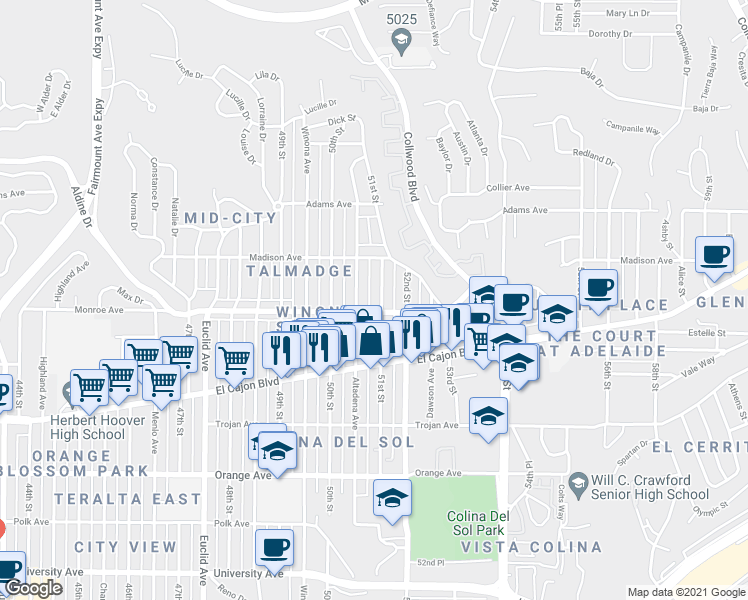 map of restaurants, bars, coffee shops, grocery stores, and more near 4555 Altadena Avenue in San Diego