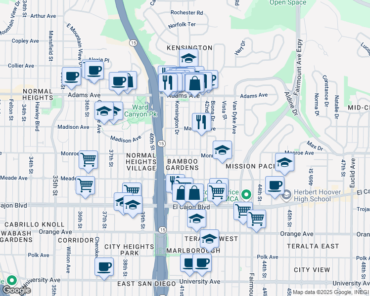 map of restaurants, bars, coffee shops, grocery stores, and more near 4548 Marlborough Drive in San Diego