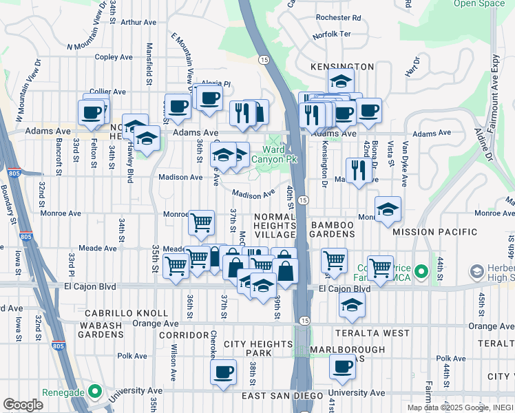 map of restaurants, bars, coffee shops, grocery stores, and more near 3845 Madison Avenue in San Diego