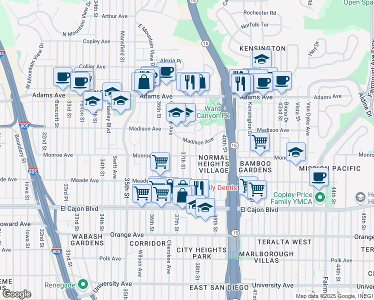 map of restaurants, bars, coffee shops, grocery stores, and more near 3735 Madison Avenue in San Diego
