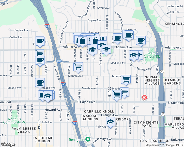 map of restaurants, bars, coffee shops, grocery stores, and more near 4546 34th Street in San Diego