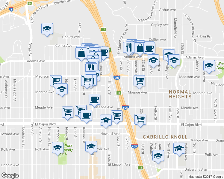 map of restaurants, bars, coffee shops, grocery stores, and more near 4541 Illinois Street in San Diego