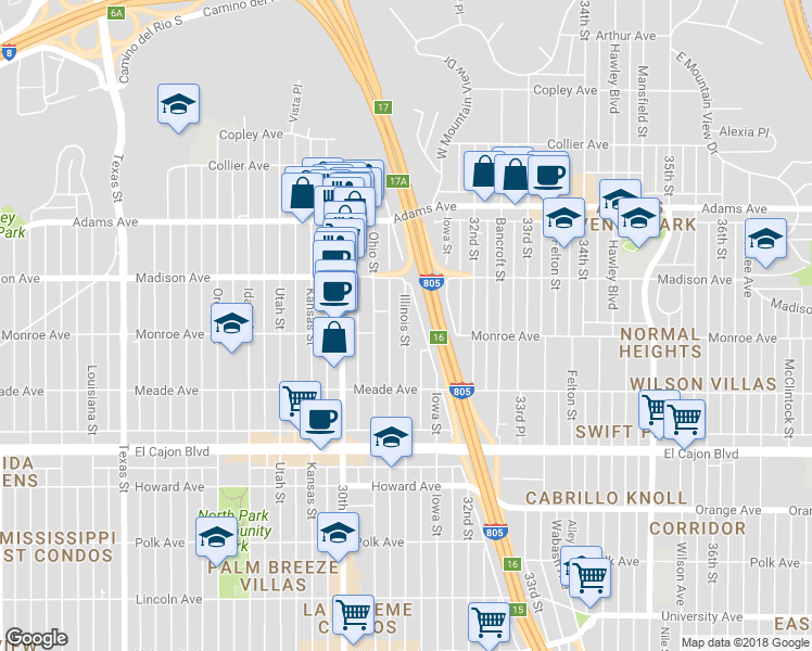 map of restaurants, bars, coffee shops, grocery stores, and more near 4541 Illinois Street in San Diego
