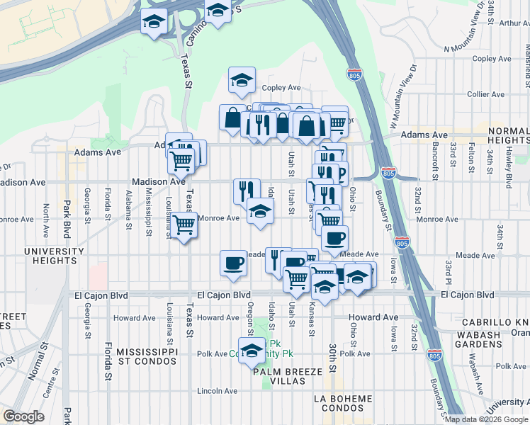 map of restaurants, bars, coffee shops, grocery stores, and more near 4541 Oregon Street in San Diego