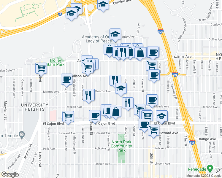map of restaurants, bars, coffee shops, grocery stores, and more near 4544 Hamilton Street in San Diego