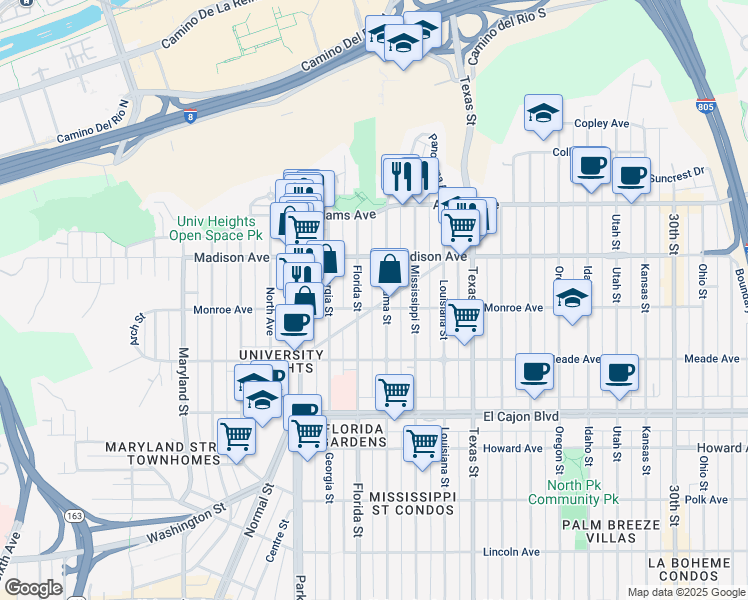 map of restaurants, bars, coffee shops, grocery stores, and more near 4525 Alabama Street in San Diego