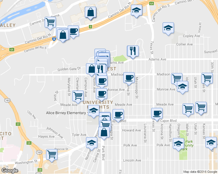 map of restaurants, bars, coffee shops, grocery stores, and more near 4546-48 Georgia Street in San Diego
