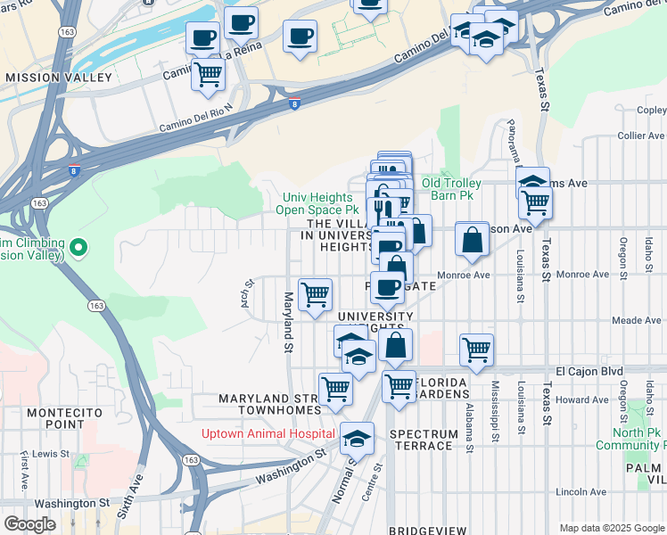 map of restaurants, bars, coffee shops, grocery stores, and more near 4545 Campus Avenue in San Diego