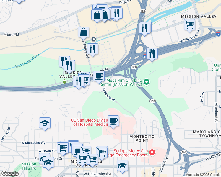 map of restaurants, bars, coffee shops, grocery stores, and more near 445 Hotel Circle South in San Diego