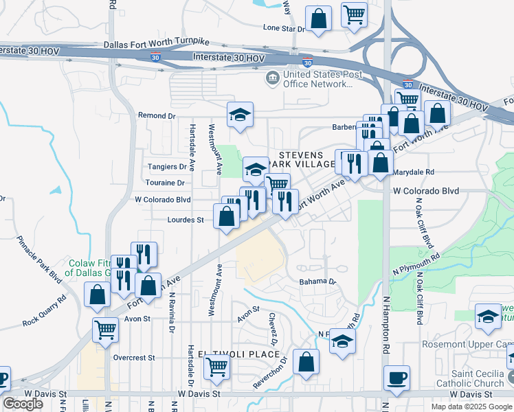 map of restaurants, bars, coffee shops, grocery stores, and more near 2615 West Colorado Boulevard in Dallas