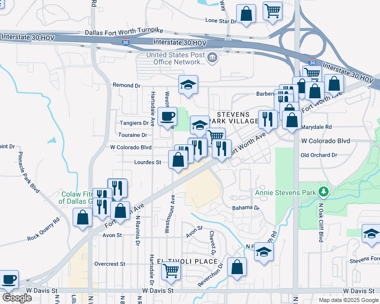 map of restaurants, bars, coffee shops, grocery stores, and more near 2615 West Colorado Boulevard in Dallas