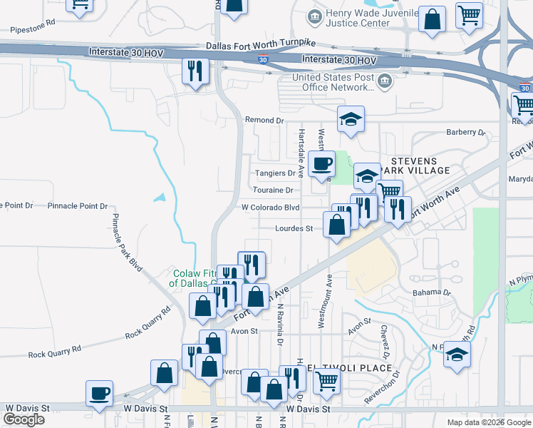 map of restaurants, bars, coffee shops, grocery stores, and more near 3105 West Colorado Boulevard in Dallas