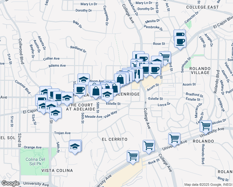 map of restaurants, bars, coffee shops, grocery stores, and more near 5900 El Cajon Boulevard in San Diego
