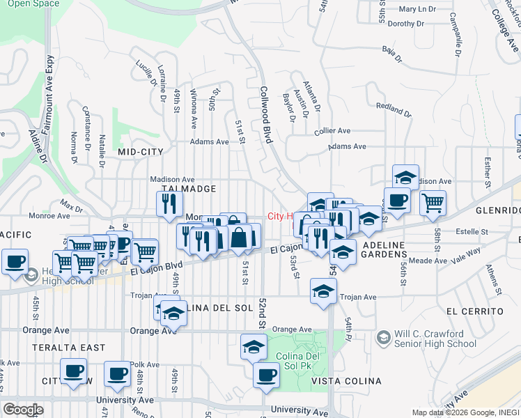 map of restaurants, bars, coffee shops, grocery stores, and more near 4522 52nd Street in San Diego