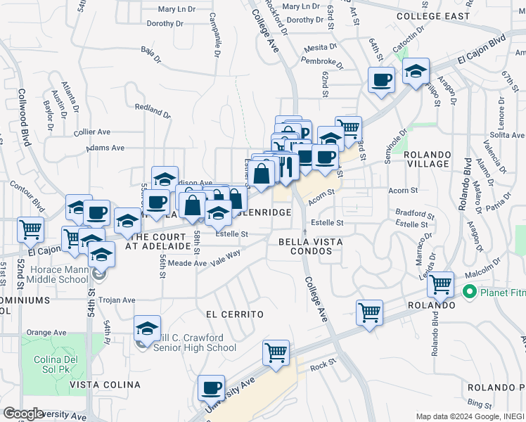 map of restaurants, bars, coffee shops, grocery stores, and more near 4540 60th Street in San Diego