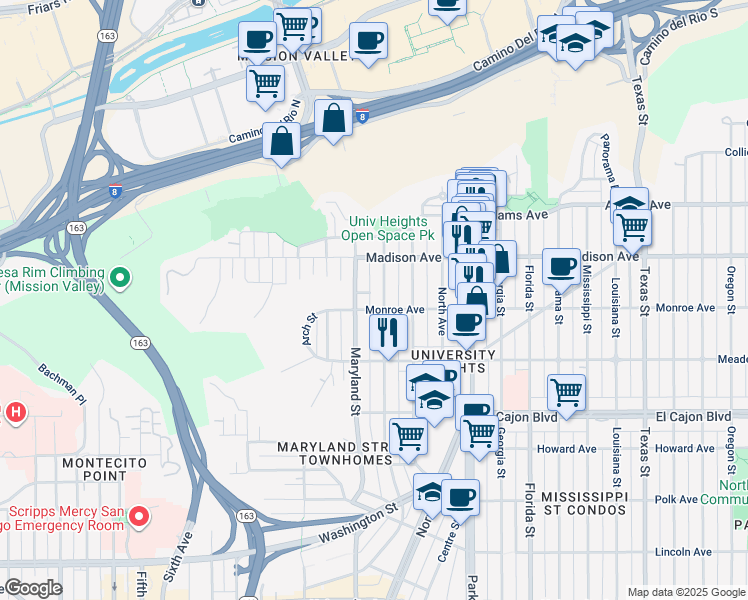 map of restaurants, bars, coffee shops, grocery stores, and more near 4543 Cleveland Avenue in San Diego
