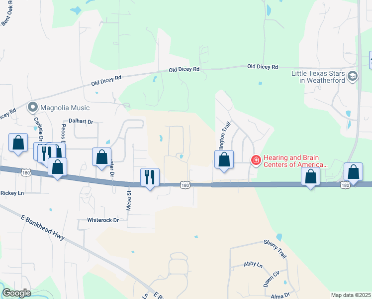 map of restaurants, bars, coffee shops, grocery stores, and more near 1809 Fort Worth Highway in Weatherford