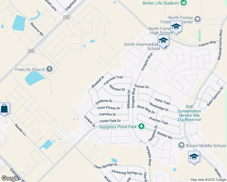 map of restaurants, bars, coffee shops, grocery stores, and more near 2022 Natchez Drive in Forney