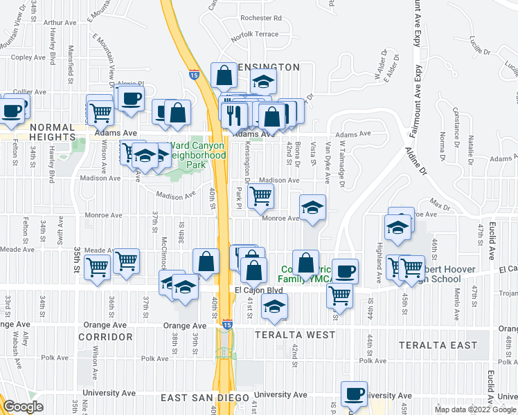 map of restaurants, bars, coffee shops, grocery stores, and more near 4520 Marlborough Drive in San Diego