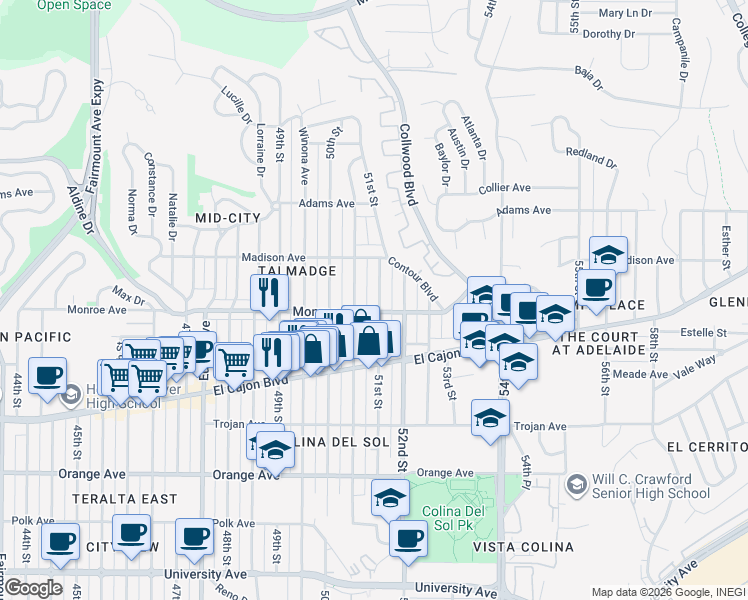 map of restaurants, bars, coffee shops, grocery stores, and more near 4555 Altadena Avenue in San Diego
