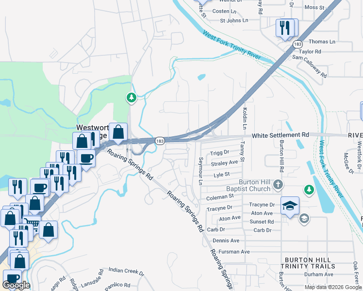 map of restaurants, bars, coffee shops, grocery stores, and more near 431 Wyndham Crest in Fort Worth