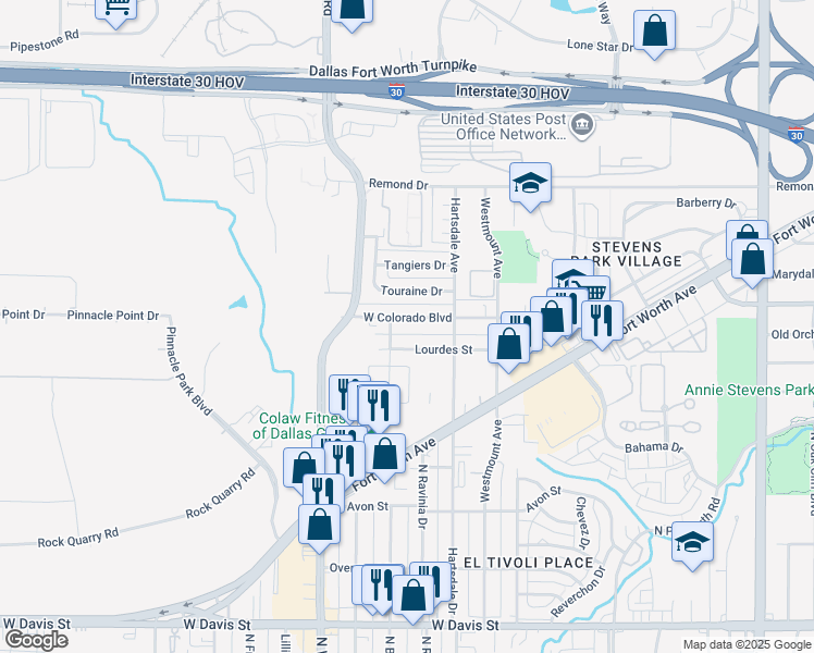 map of restaurants, bars, coffee shops, grocery stores, and more near 2923 West Colorado Boulevard in Dallas