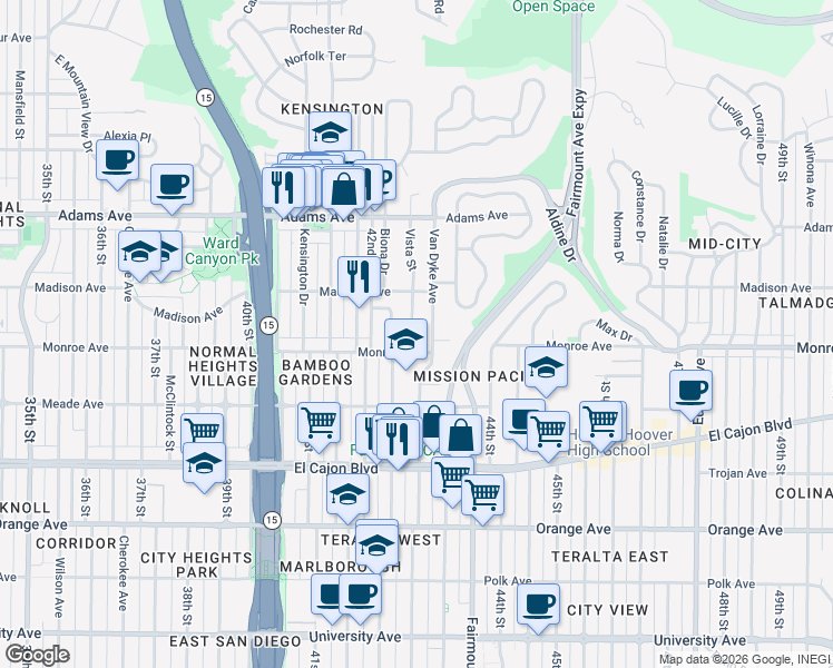 map of restaurants, bars, coffee shops, grocery stores, and more near 4525 Vista Street in San Diego