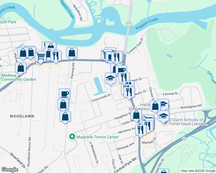 map of restaurants, bars, coffee shops, grocery stores, and more near 2 Town Park Lane in Charleston