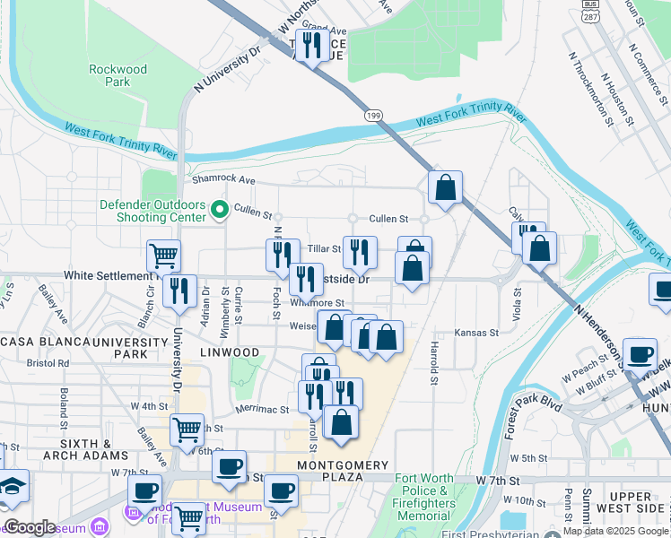 map of restaurants, bars, coffee shops, grocery stores, and more near 101-199 N Vacek St in Fort Worth