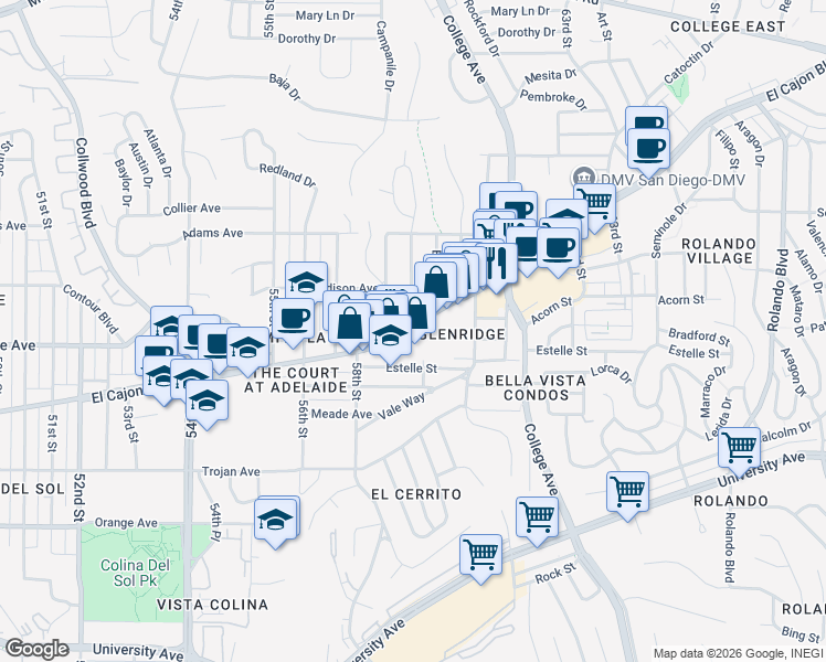 map of restaurants, bars, coffee shops, grocery stores, and more near 5885 El Cajon Boulevard in San Diego