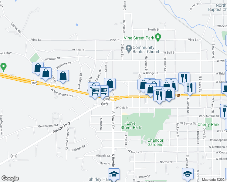 map of restaurants, bars, coffee shops, grocery stores, and more near 108 North Bowie Drive in Weatherford