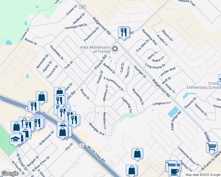 map of restaurants, bars, coffee shops, grocery stores, and more near 205 Larkspur Drive in Forney