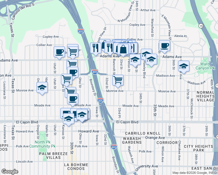map of restaurants, bars, coffee shops, grocery stores, and more near 4515 32nd Street in San Diego
